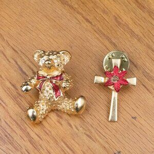 Vintage Lot of 2 Gold Toned Christmas Metal Lapel Pins - Bear & Poinsettia Cross